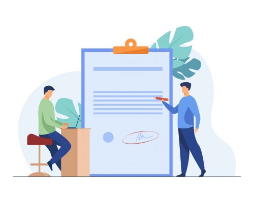 Expert checking business leader order. Tiny character with pencil reading document flat vector illustration. Paperwork, legal expertise concept for banner, website design or landing web page