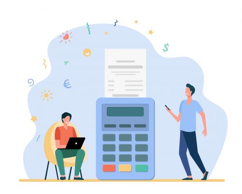 Man paying online and getting sales slip. Receipt, laptop, terminal flat vector illustration. Payment and money transaction concept for banner, website design or landing web page