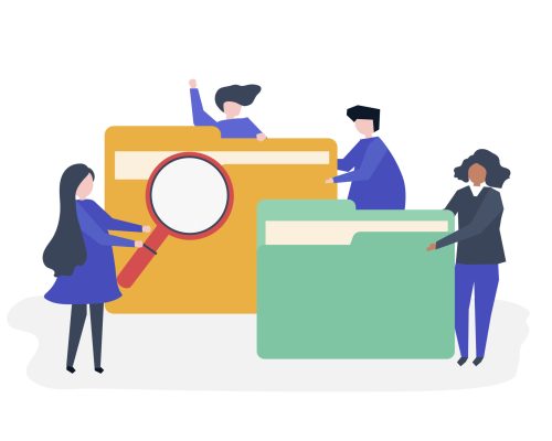 Characters of people searching through files